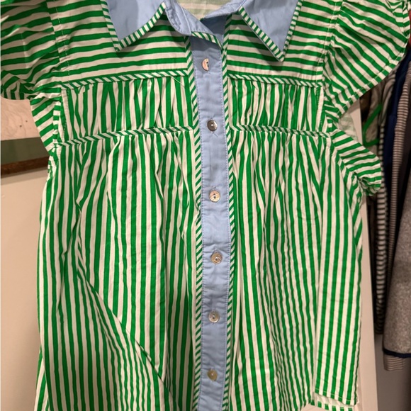 entro Tops - Entry Green & White Striped Button-Front Top with Light Blue Trim